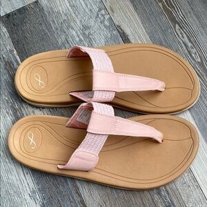 Pink and Tan Flip-Flop Sandals with Quilted T-Strap